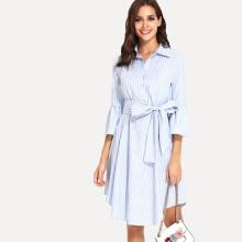 Shein Ruffle Sleeve Pinstripe Curved Hem Shirt Dress