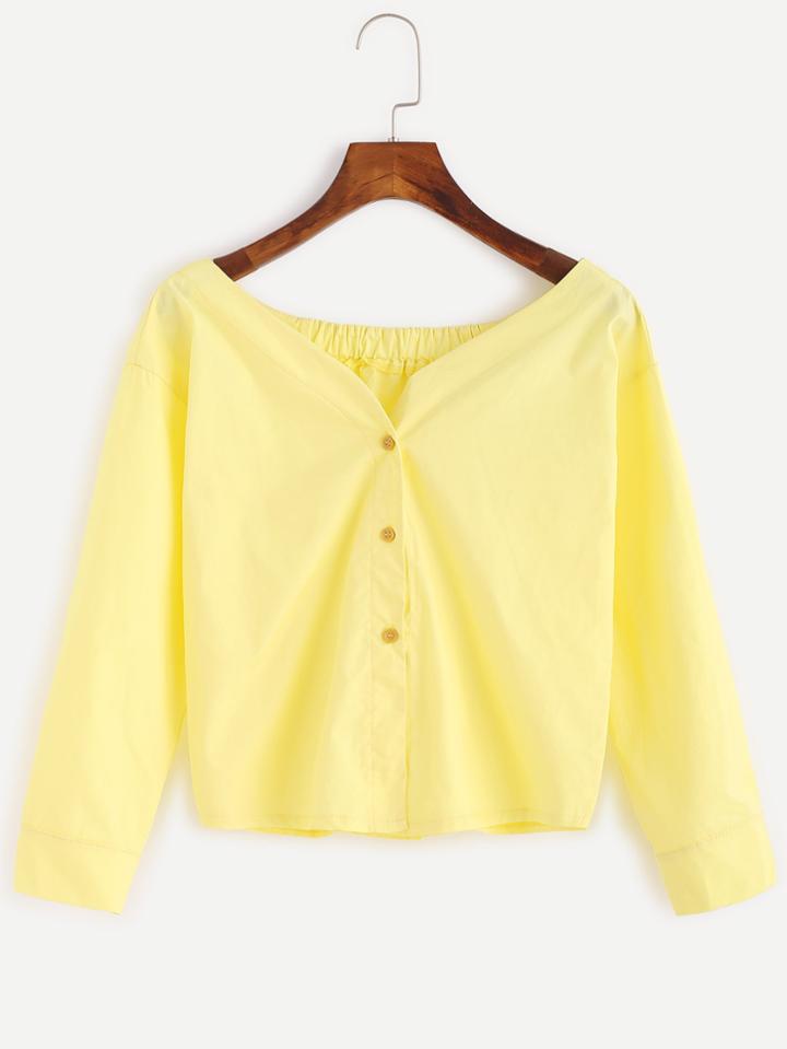 Shein Yellow Boat Neck Button Front Blouse