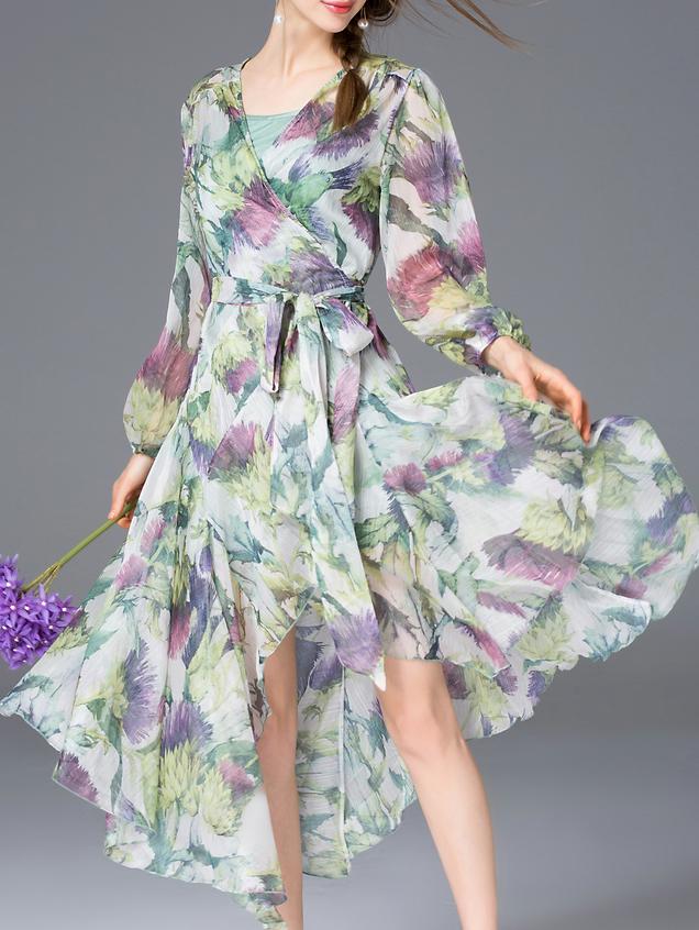 Shein Multicolor V Neck Floral Tie-waist Asymmetric Dress