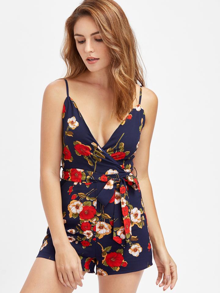 Shein Cami Straps Floral Playsuit With Self Tie
