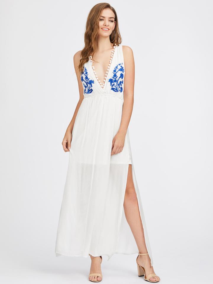 Shein Plunging Pom Pom Trim Slit Side Embroidered Dress