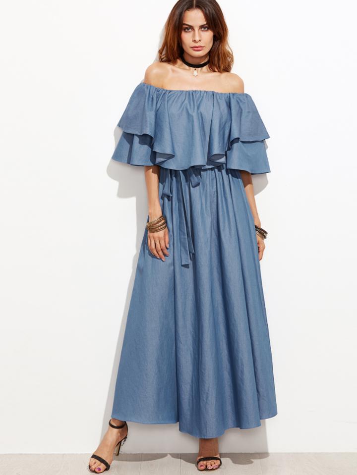 Shein Flounce Layered Neckline Chambray Dress