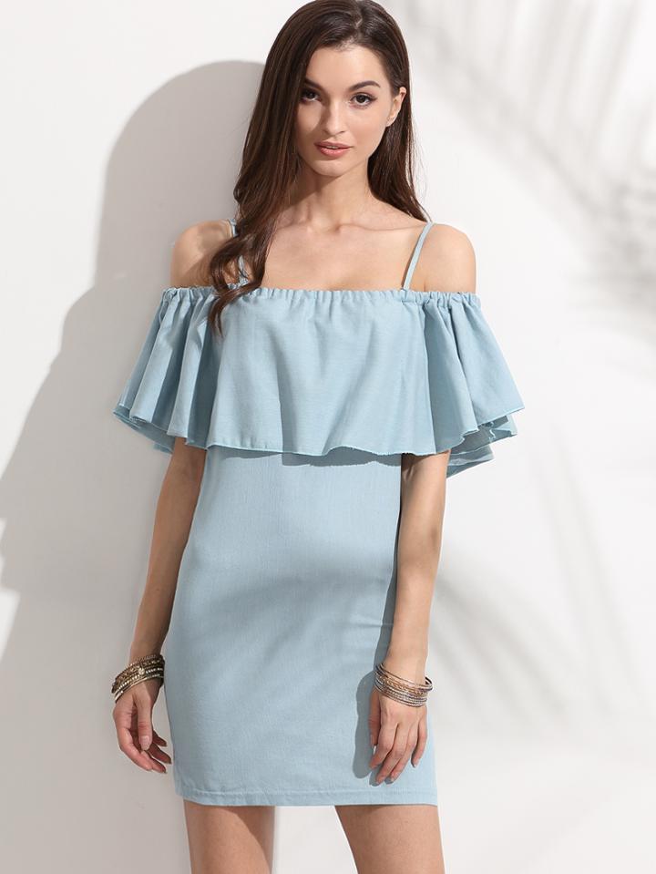 Shein Blue Cold Shoulder Ruffle Sheath Dress