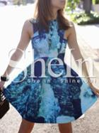 Shein Blue Sleeveless Print Flare Dress