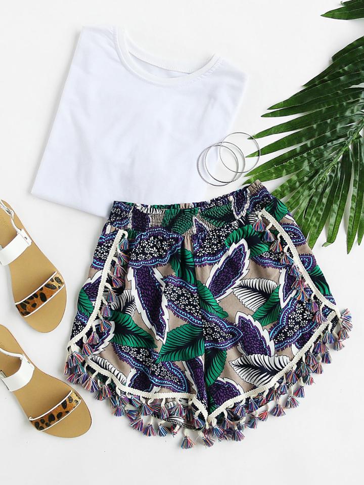 Shein Palm Leaf Tassel Trim Shirred Waist Shorts