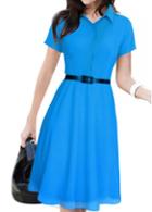 Rosewe Button Closure Short Sleeve Blue Dress