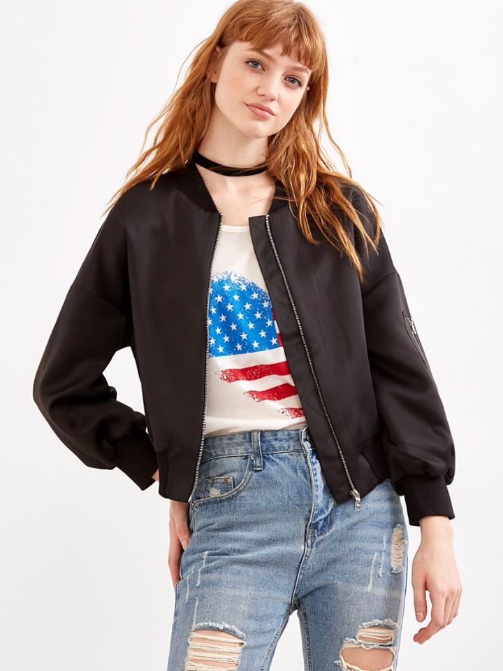 Shein Black Drop Shoulder Satin Bomber Jacket With Arm Pocket