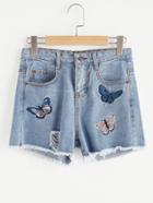 Shein Butterfly Embroidered Ripped Frayed Hem Denim Shorts