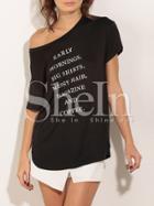 Shein Black Letter Print Dolphin Hem T-shirt