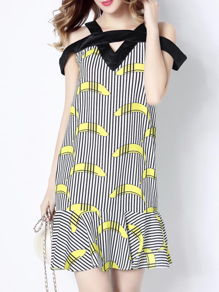 Shein White Open Shoudler Striped Banana Print Dress