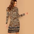 Shein Lace Contrast Leopard Print Mock-neck Dress