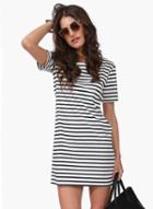 Shein Black White Striped Short Sleeve Straight Dress