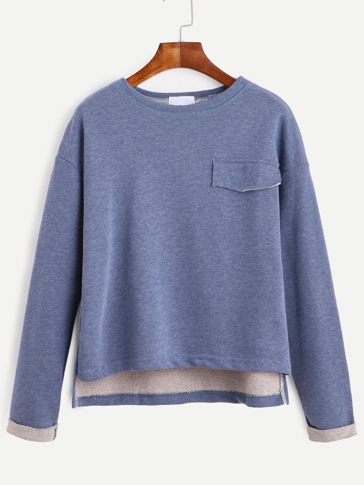 Shein Blue Dip Hem Drop Shoulder Cuffed T-shirt
