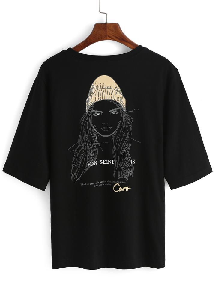 Shein Litter Girl Print Pocket T-shirt
