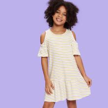 Shein Girls Cold Shoulder Ruffle Hem Striped Dress