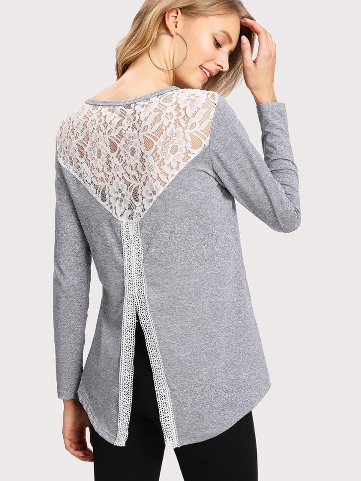 Shein Contrast Floral Lace Slit Back Marled Tee