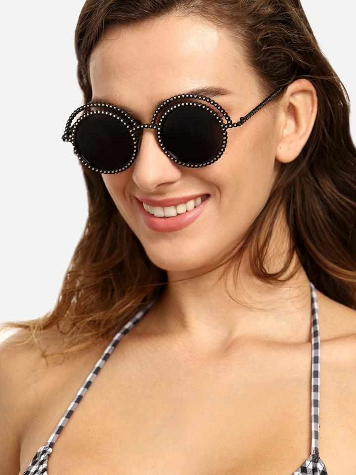 Shein Metal Beaded Frame Round Grey Lenses Sunglasses