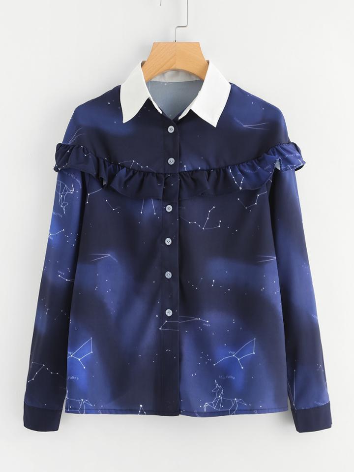 Shein Ruffle Trim Galaxy Print Blouse