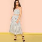 Shein Striped Frill Trim  Bandeau Top & Flare Skirt Set