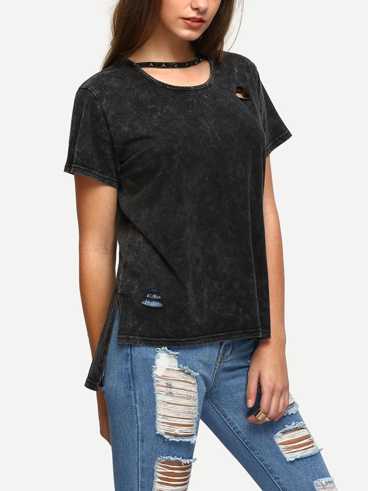 Shein Dip Hem Studded Cut Out Split T-shirt