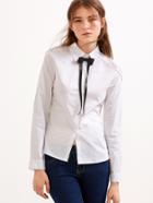 Shein White Contrast Faux Leather Bow Tie Neck Shirt