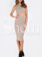 Shein Apricot Mock Neck Ribbed Top With Skirt