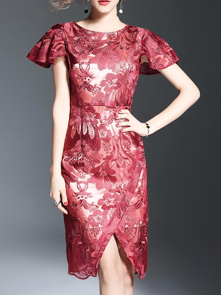 Shein Red Bell Sleeve Flowers Embroidered Dress