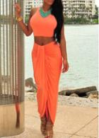 Rosewe Sleeveless Crop Top And Orange Asymmetric Skirt