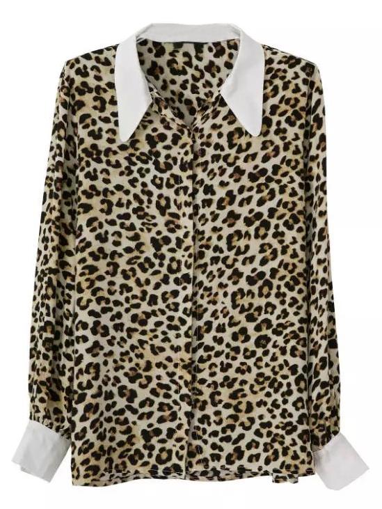Shein Leopard Long Sleeve Contrast Lapel Blouse