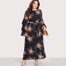 Shein Plus Botanical Print Self Tie Chiffon Dress