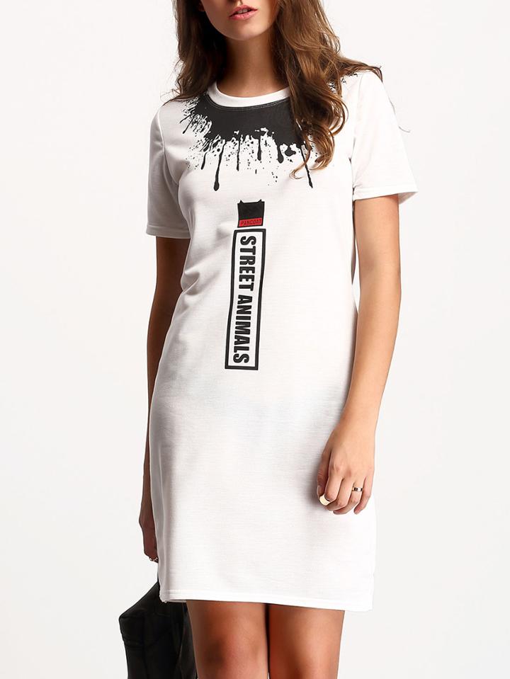 Shein White Crew Neck Letters Print Slim Dress