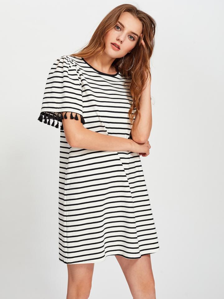 Shein Tassel Trim Striped Boxy Tee Dress