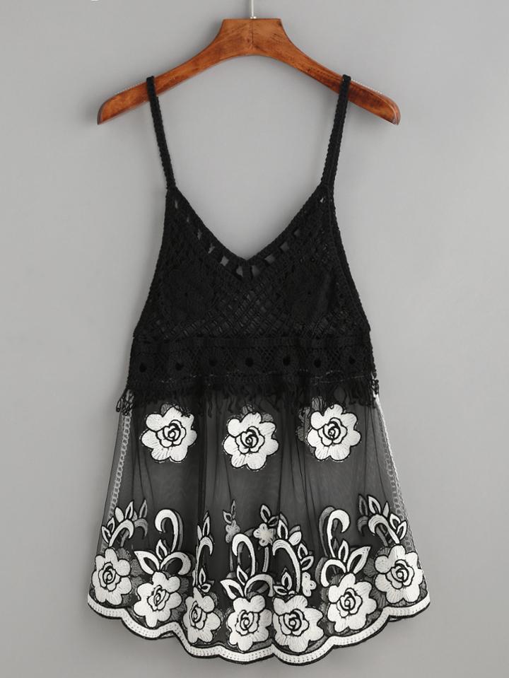 Shein Black Crochet Splicing Sheer Embroidery Cami Top