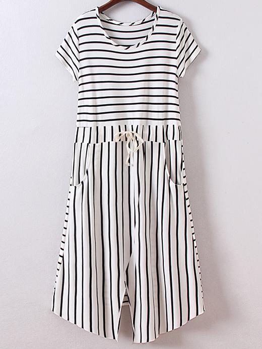 Shein White Short Sleeve Tie-waist Pockets Stripe Dress