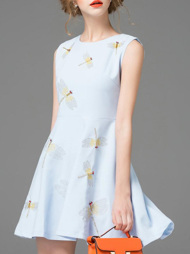 Shein Blue Sleeveless Dragonfly Embroidered A-line Dress
