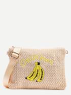 Shein Beige Banana Embroidered Tassel Trim Straw Clutch Bag