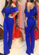 Rosewe Straps Design Off The Shoulder Blue Jumpsuit