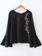Shein Black Flower Embroidery Bell Sleeve Cutout Blouse