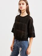 Shein Black Drop Shoulder Half Sleeve Striped Mesh Top