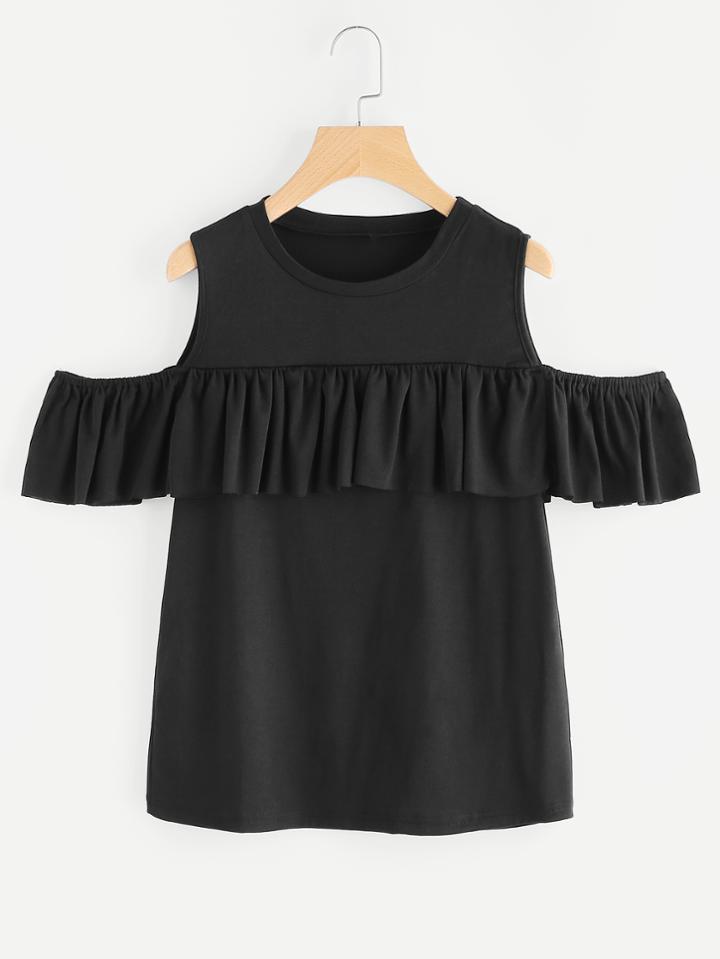 Shein Open Shoulder Frill Trim Tee