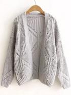 Shein Grey Textured Hollow Out Collarless Cardigan