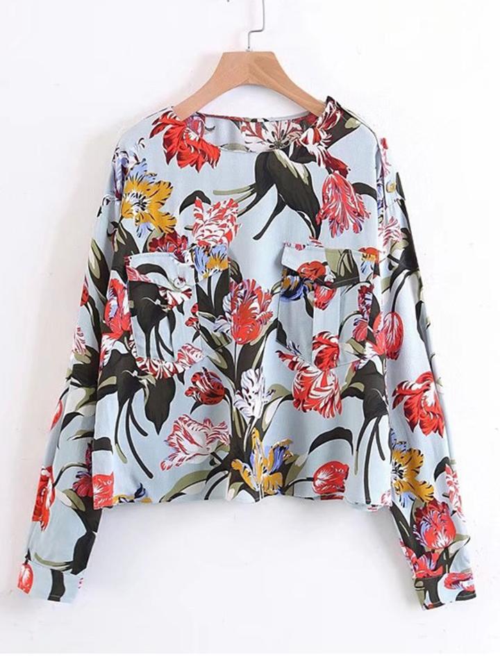 Shein Jungle Print Flap Pocket Blouse