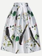 Shein White Flower And Bird Print Box Pleated Skirt