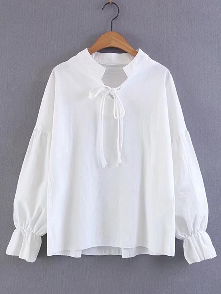 Shein Lantern Sleeve Lace Up Detail Blouse
