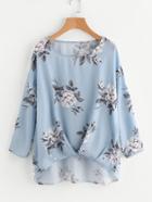 Shein Box Pleated Gathered Hem Flower Print Top