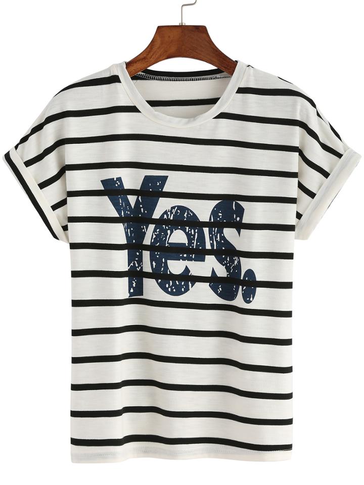 Shein Black White Crew Neck Striped Yes Print T-shirt