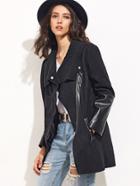 Shein Black Suede Mixed Media Asymmetric Zip Coat