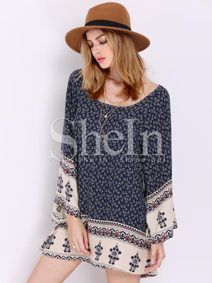 Shein Navy Flutter Long Sleeve Vintage Camo Print Dress