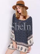 Shein Navy Flutter Long Sleeve Vintage Camo Print Dress
