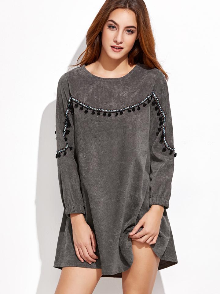 Shein Grey Corduroy Pom Pom Dress